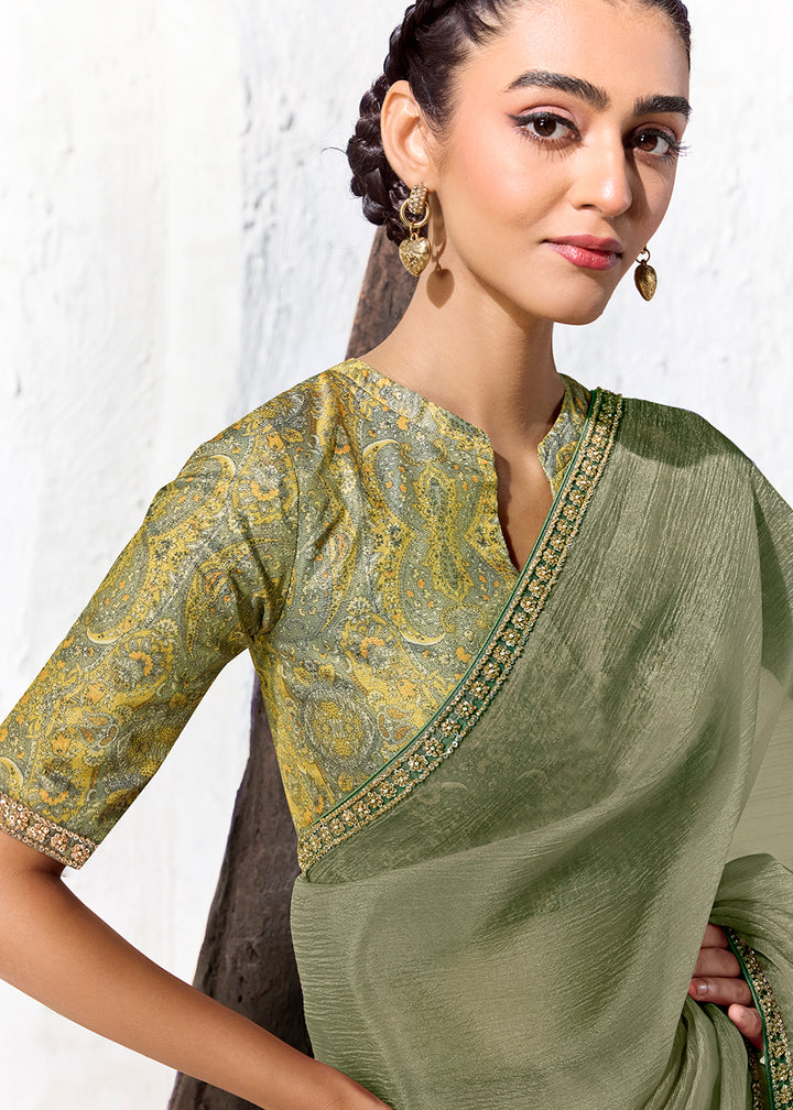 Buy Now Sage Green Embroidered Designer Wedding Saree Online in US, UK, Canada, France, Germany, Denmark, Sweden, Italy, Greece, UAE &amp; Worldwide at Empress.