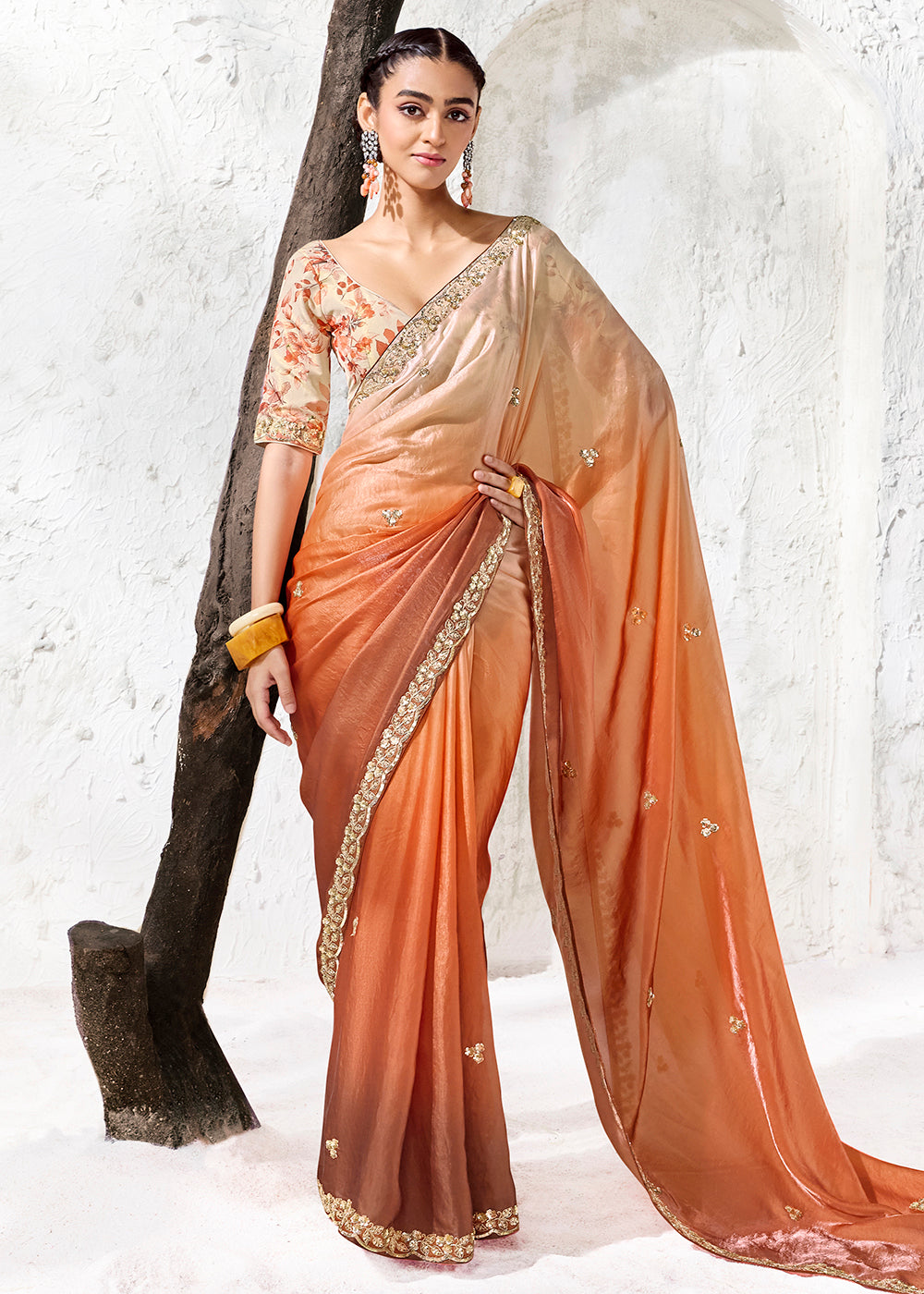 Buy Now Ombre Orange Embroidered Designer Wedding Saree Online in US, UK, Canada, France, Germany, Denmark, Sweden, Italy, Greece, UAE &amp; Worldwide at Empress.