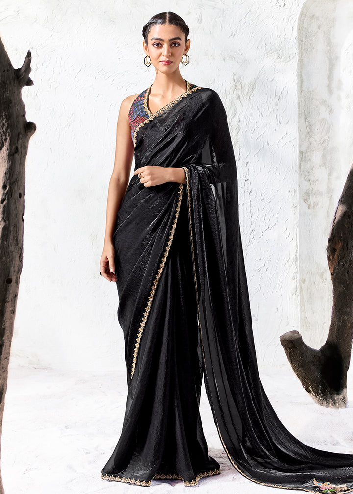 Buy Now Swan Black Embroidered Designer Wedding Saree Online in US, UK, Canada, France, Germany, Denmark, Sweden, Italy, Greece, UAE &amp; Worldwide at Empress.