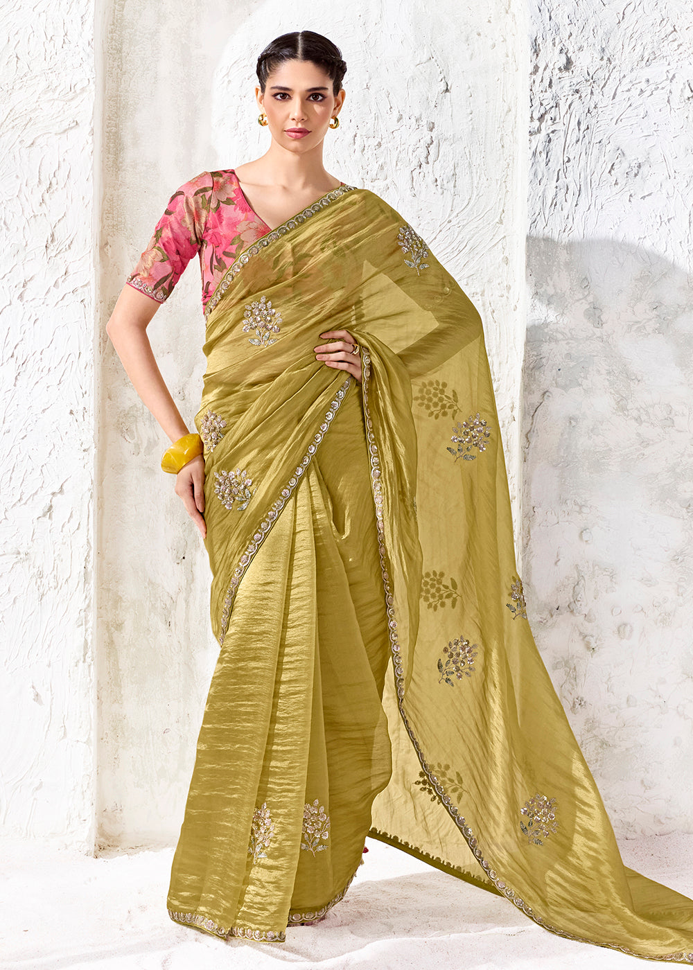 Buy Now Olive Gold Embroidered Designer Wedding Saree Online in US, UK, Canada, France, Germany, Denmark, Sweden, Italy, Greece, UAE &amp; Worldwide at Empress.