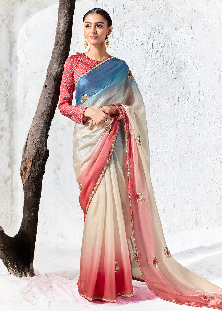 Buy Now Coral Tri-Tone Embroidered Designer Wedding Saree Online in US, UK, Canada, France, Germany, Denmark, Sweden, Italy, Greece, UAE &amp; Worldwide at Empress.