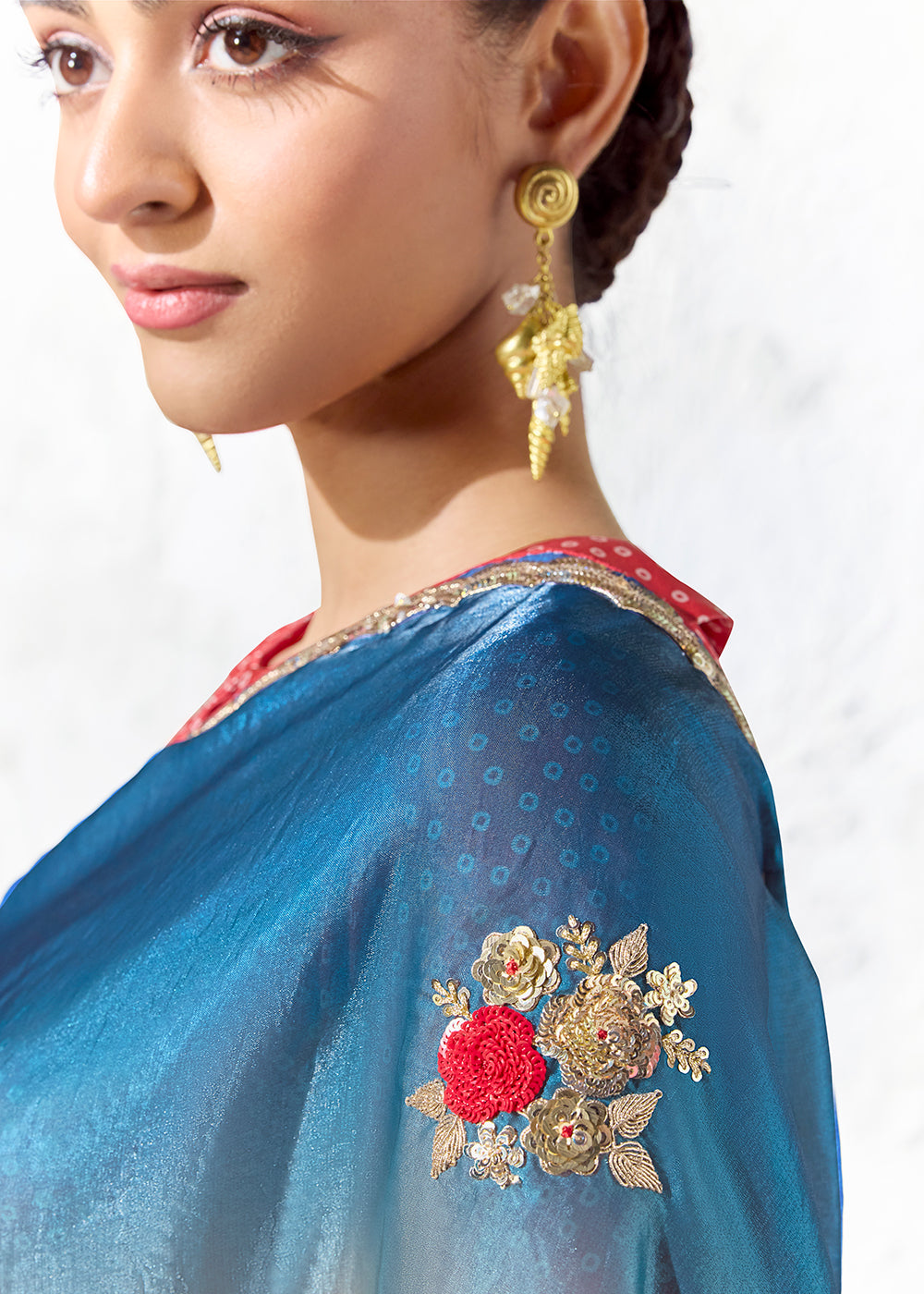 Buy Now Coral Tri-Tone Embroidered Designer Wedding Saree Online in US, UK, Canada, France, Germany, Denmark, Sweden, Italy, Greece, UAE & Worldwide at Empress.