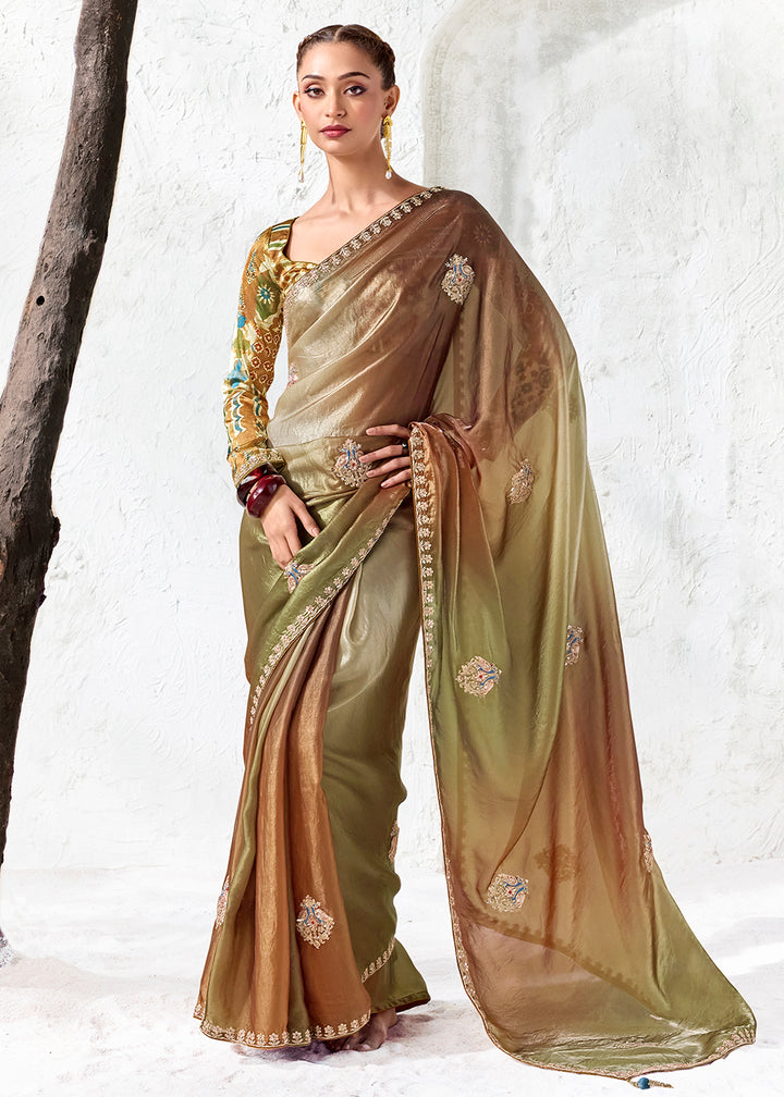 Buy Now Ombre Bronze &amp; Olive Embroidered Designer Wedding Saree Online in US, UK, Canada, France, Germany, Denmark, Sweden, Italy, Greece &amp; Worldwide at Empress