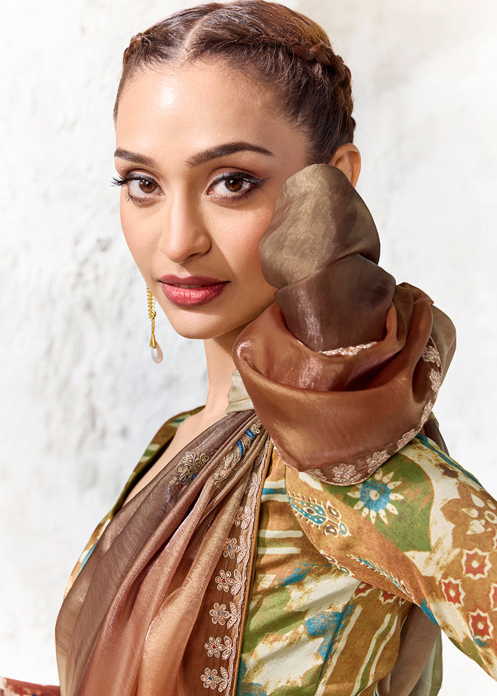 Buy Now Ombre Bronze &amp; Olive Embroidered Designer Wedding Saree Online in US, UK, Canada, France, Germany, Denmark, Sweden, Italy, Greece &amp; Worldwide at Empress