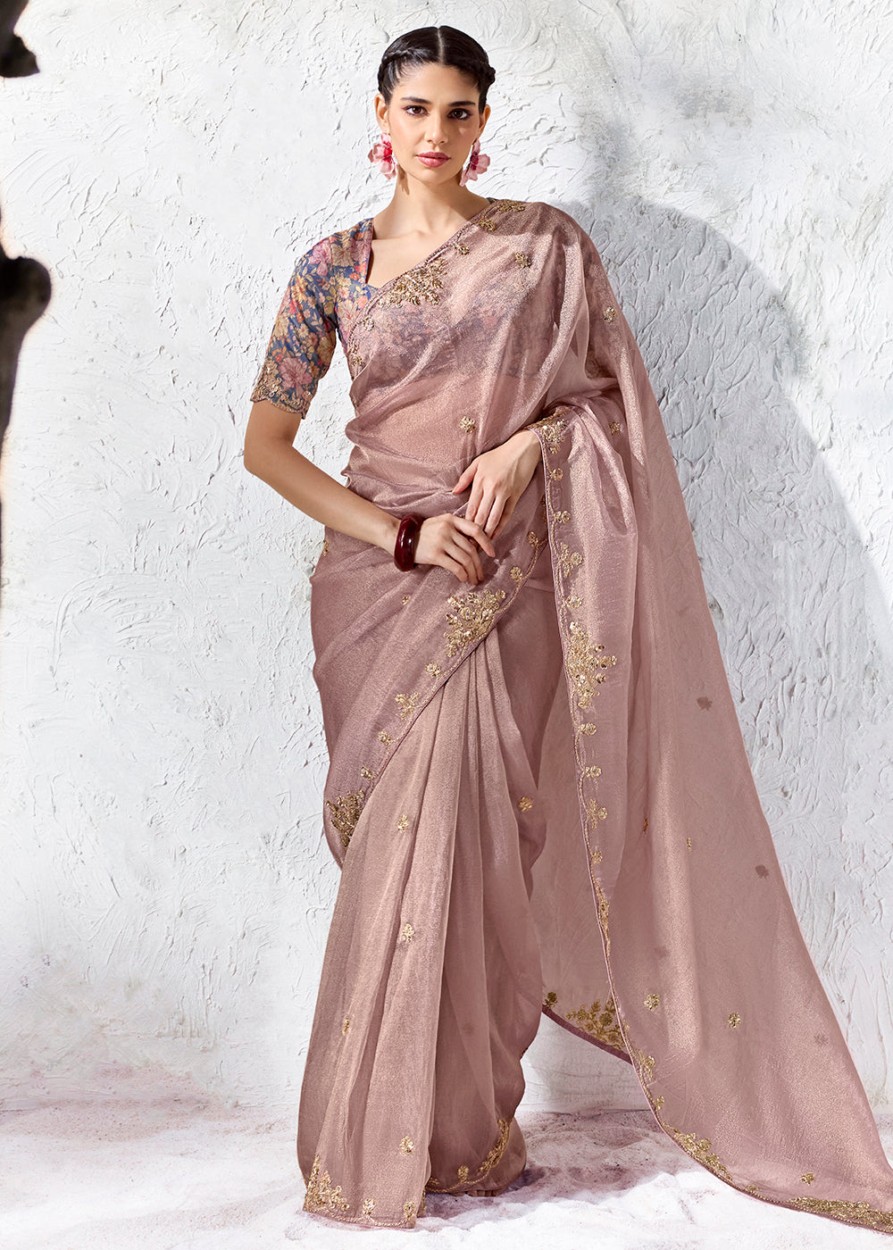 Buy Now Dustry Rose Embroidered Designer Wedding Saree Online in US, UK, Canada, France, Germany, Denmark, Sweden, Italy, Greece, UAE &amp; Worldwide at Empress.