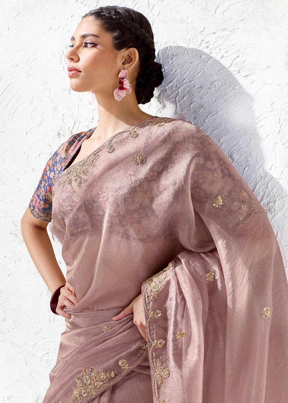 Buy Now Dustry Rose Embroidered Designer Wedding Saree Online in US, UK, Canada, France, Germany, Denmark, Sweden, Italy, Greece, UAE & Worldwide at Empress.