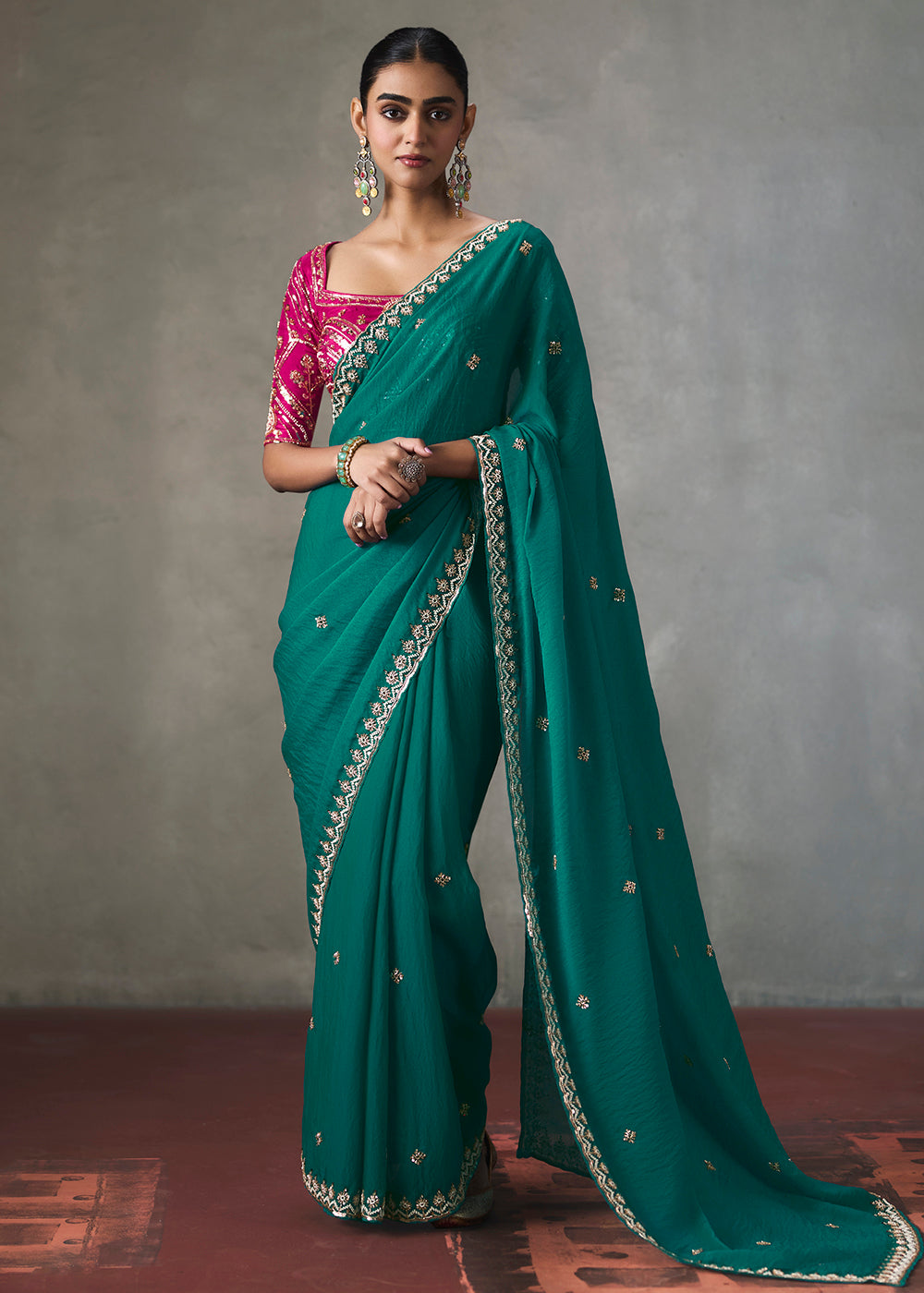 Buy Now Rama Green Traditional Border Detailing Designer Wear Saree Online in US, UK, Canada, France, Germany, Denmark, Sweden, Australia & Worldwide at Empress