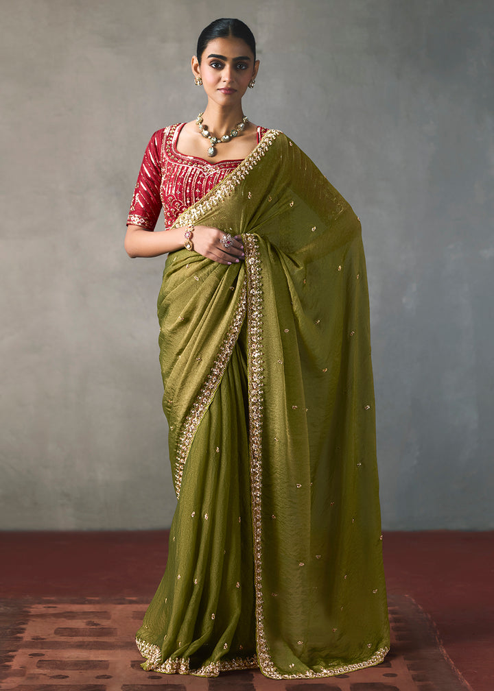 Buy Now Mehndi Green Traditional Border Detailing Designer Wear Saree Online in US, UK, Canada, France, Germany, Denmark, Sweden, Australia &amp; Worldwide at Empress