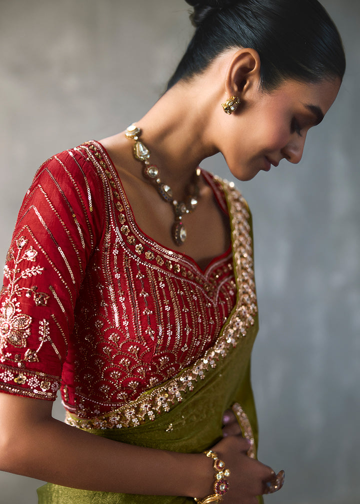 Buy Now Mehndi Green Traditional Border Detailing Designer Wear Saree Online in US, UK, Canada, France, Germany, Denmark, Sweden, Australia &amp; Worldwide at Empress
