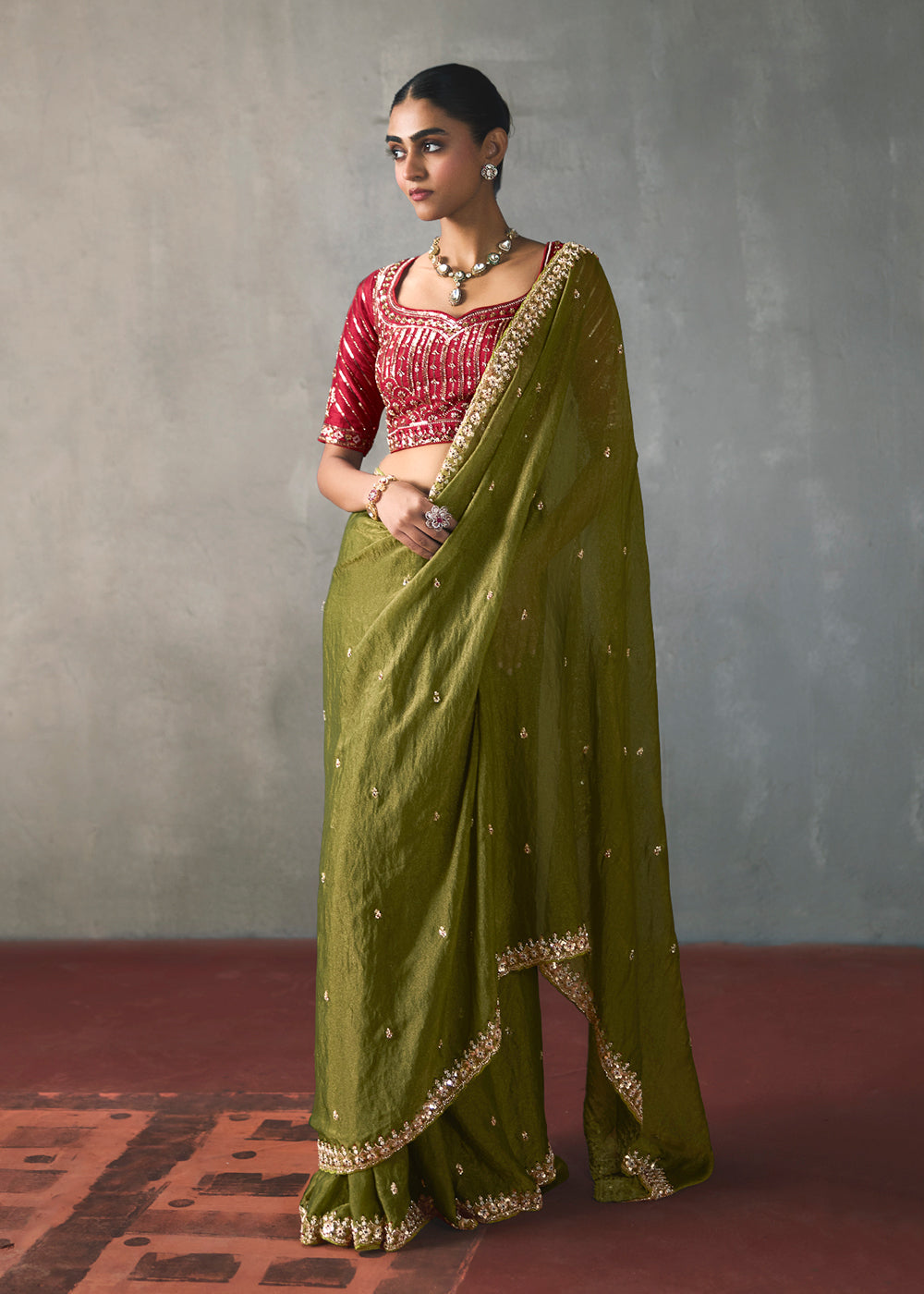 Buy Now Mehndi Green Traditional Border Detailing Designer Wear Saree Online in US, UK, Canada, France, Germany, Denmark, Sweden, Australia &amp; Worldwide at Empress