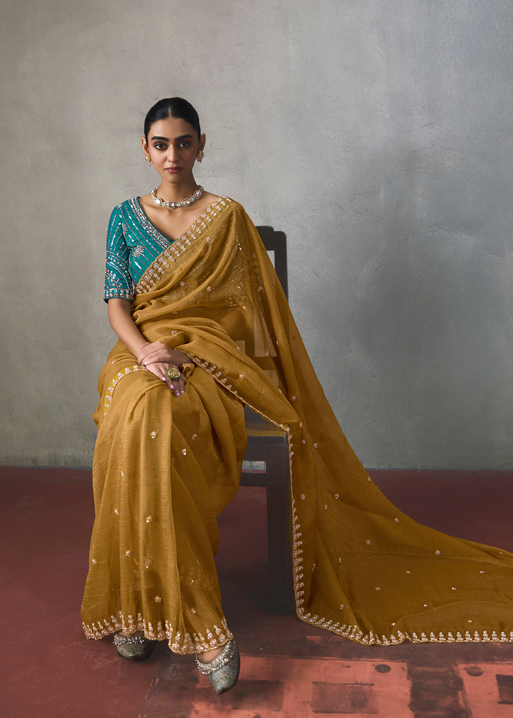Buy Now Mustard Yellow Traditional Border Detailing Designer Saree Online in US, UK, Canada, France, Germany, Denmark, Sweden, Australia &amp; Worldwide at Empress