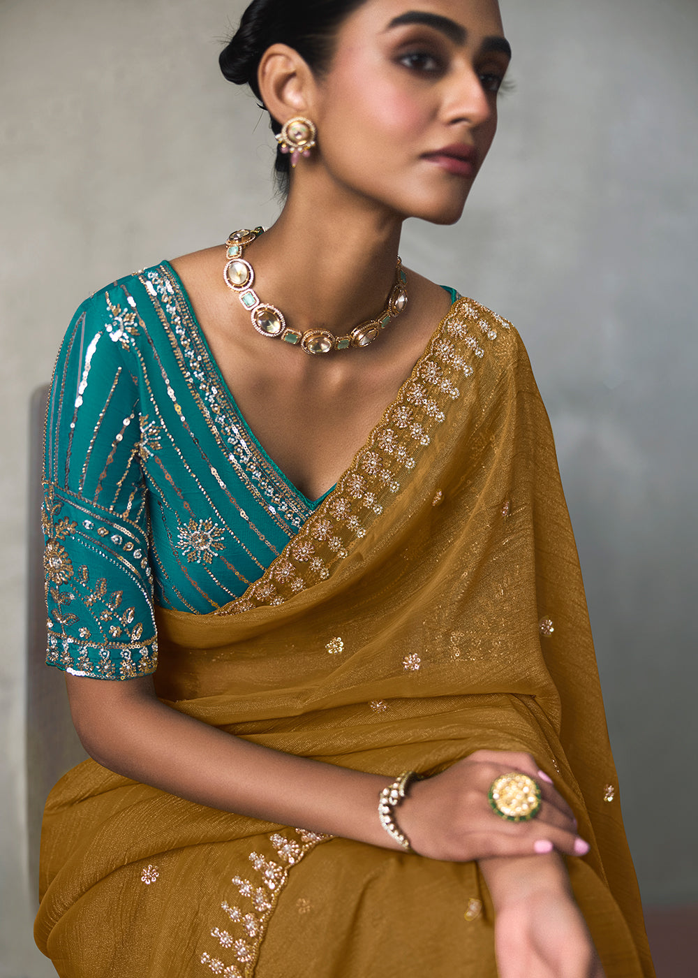 Buy Now Mustard Yellow Traditional Border Detailing Designer Saree Online in US, UK, Canada, France, Germany, Denmark, Sweden, Australia &amp; Worldwide at Empress