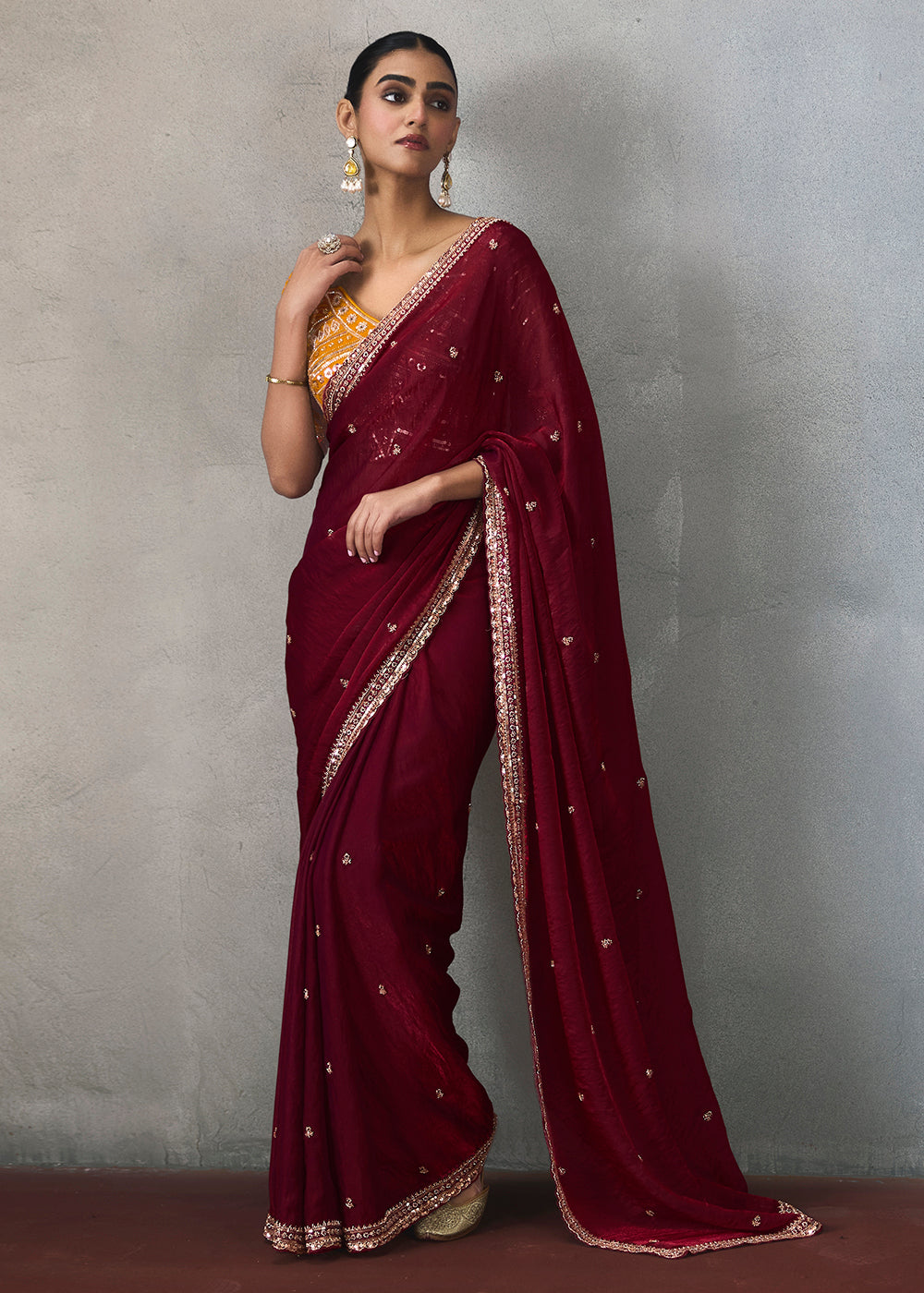 Buy Now Maroon Traditional Border Detailing Designer Saree Online in US, UK, Canada, France, Germany, Denmark, Sweden, Australia &amp; Worldwide at Empress.
