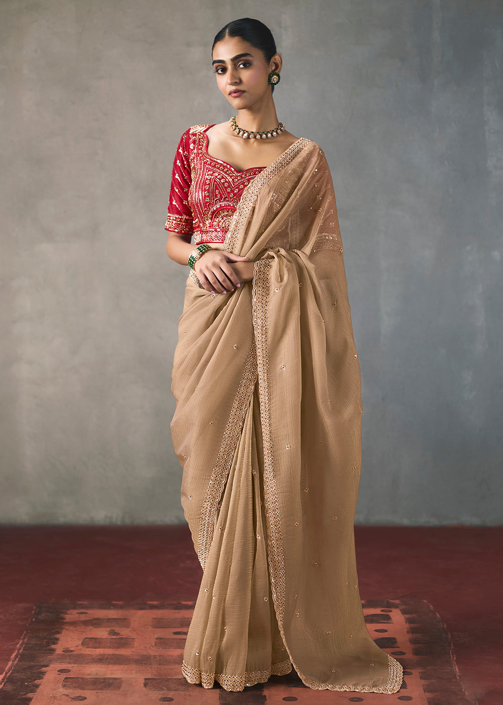 Buy Now Beige Traditional Border Detailing Designer Saree Online in US, UK, Canada, France, Germany, Denmark, Sweden, Australia, UAE & Worldwide at Empress.