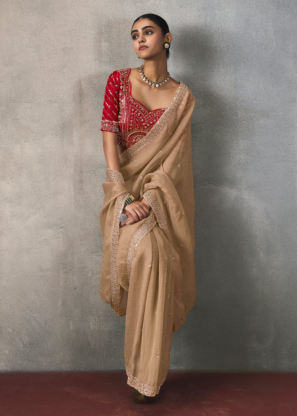 Buy Now Beige Traditional Border Detailing Designer Saree Online in US, UK, Canada, France, Germany, Denmark, Sweden, Australia, UAE &amp; Worldwide at Empress.