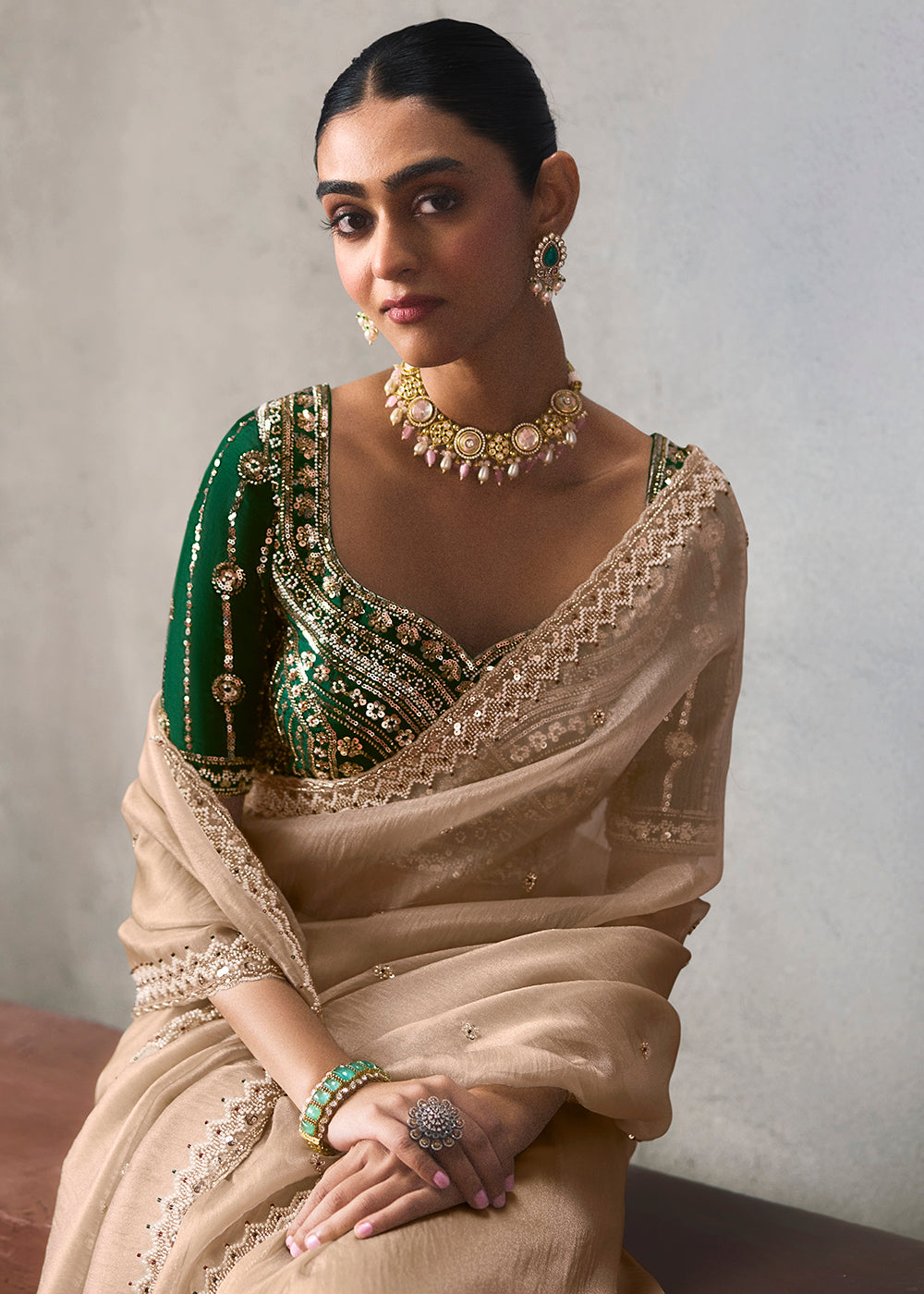 Buy Now Beigey Traditional Border Detailing Designer Saree Online in US, UK, Canada, France, Germany, Denmark, Sweden, Australia, UAE &amp; Worldwide at Empress.