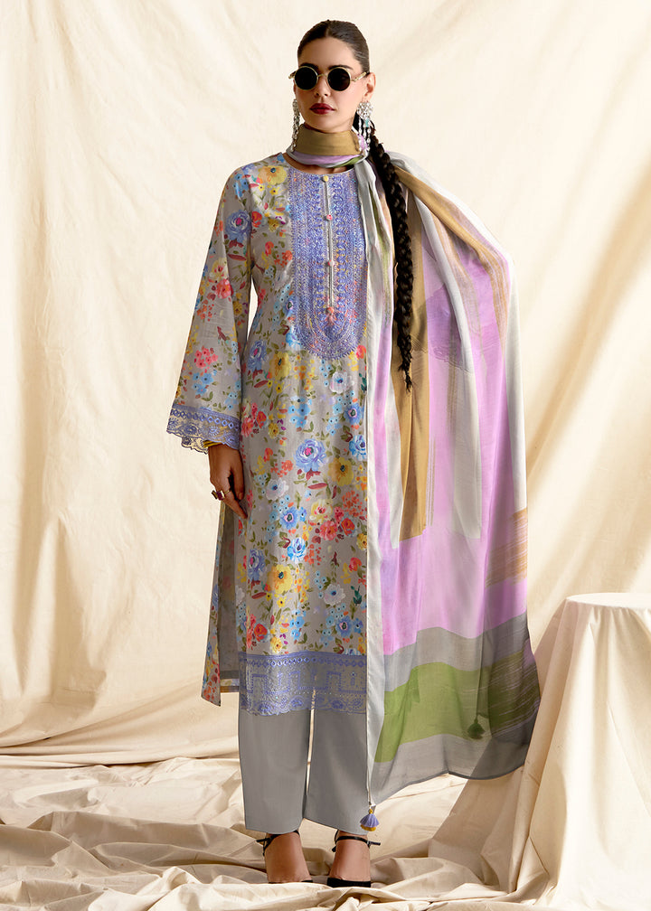 Buy Now Soft Grey Pure Lawn Resham & Digital Printed Salwar Suit Online in USA, UK, Canada, Germany, Italy, France, Austria, UAE & Worldwide at Empress Clothing