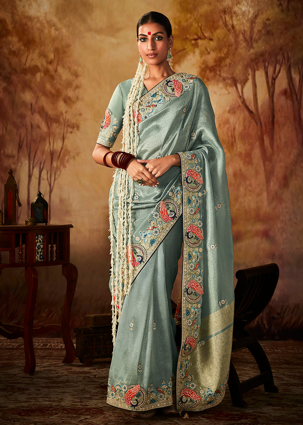 Buy Now Cadet Blue Wedding Wear Embroidered Kanjivaram Silk Saree Online in USA, UK, Canada & Worldwide at Empress Clothing. 