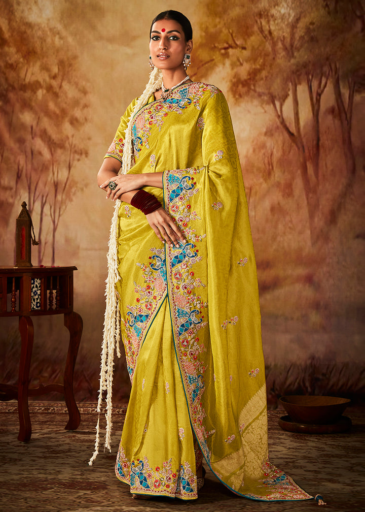 Buy Now Lime Yellow Wedding Wear Embroidered Kanjivaram Silk Saree Online in USA, UK, Canada & Worldwide at Empress Clothing.