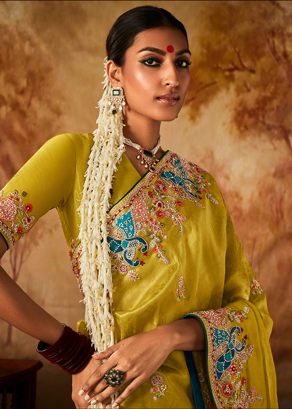 Buy Now Lime Yellow Wedding Wear Embroidered Kanjivaram Silk Saree Online in USA, UK, Canada & Worldwide at Empress Clothing.