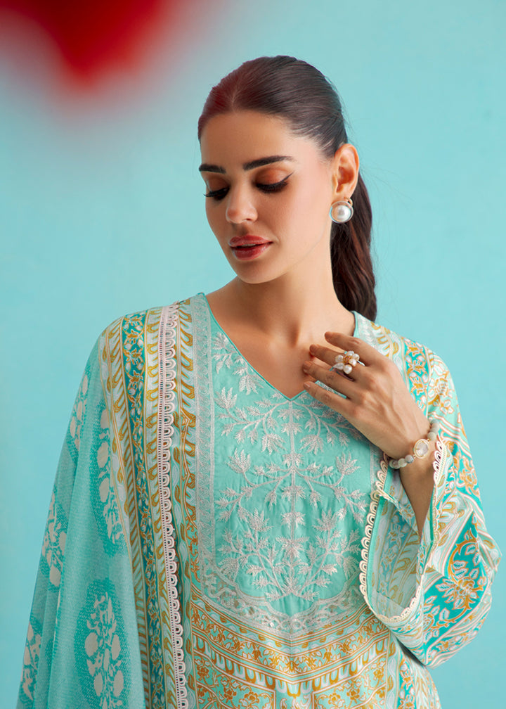 Buy Now Gorgeous Turquoise Lawn Embroidered Festive Salwar Suit Online in USA, UK, Canada, Germany, Italy, France, Austria, UAE & Worldwide at Empress Clothing.