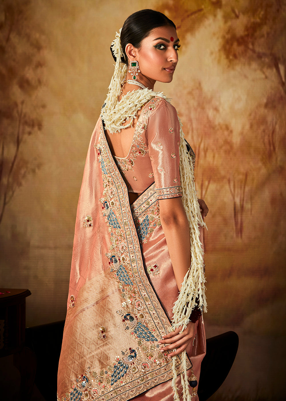Buy Now Peach Wedding Wear Embroidered Kanjivaram Silk Saree Online in USA, UK, Canada & Worldwide at Empress Clothing.