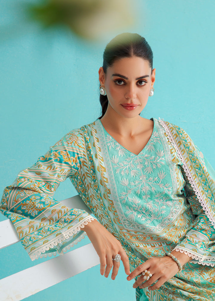 Buy Now Gorgeous Turquoise Lawn Embroidered Festive Salwar Suit Online in USA, UK, Canada, Germany, Italy, France, Austria, UAE & Worldwide at Empress Clothing.