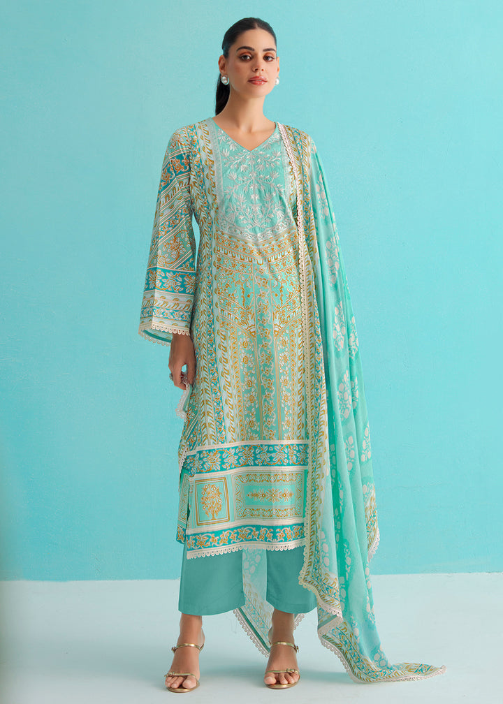 Buy Now Gorgeous Turquoise Lawn Embroidered Festive Salwar Suit Online in USA, UK, Canada, Germany, Italy, France, Austria, UAE & Worldwide at Empress Clothing.