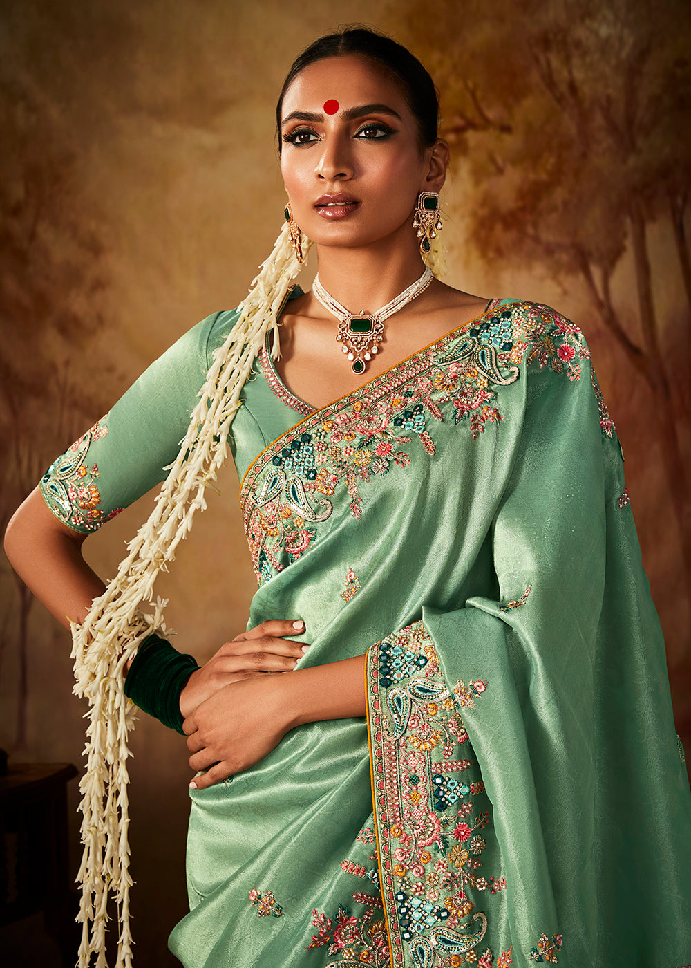 Buy Kanjivaram Silk Saree Sea Green Wedding Wear Embroidered