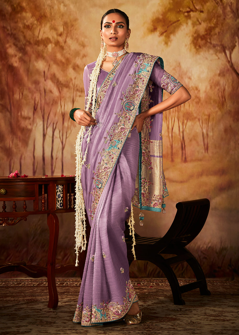 Buy Now Lavender Wedding Wear Embroidered Kanjivaram Silk Saree Online in USA, UK, Canada & Worldwide at Empress Clothing. 