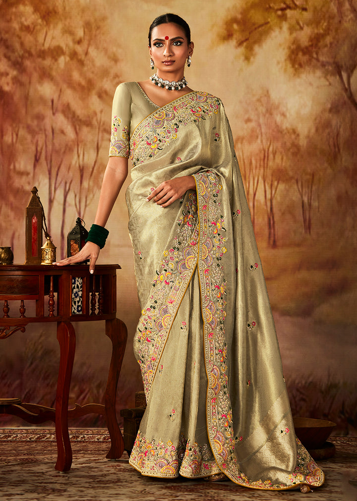 Buy Now Golden Wedding Wear Embroidered Kanjivaram Silk Saree Online in USA, UK, Canada & Worldwide at Empress Clothing.