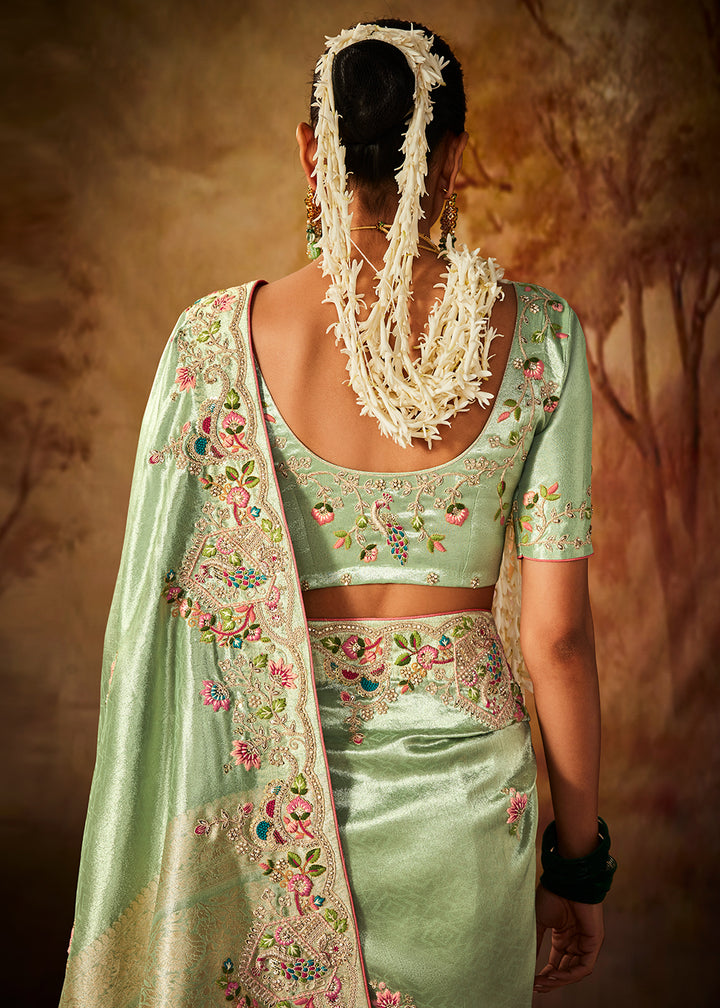 Buy Now Mint Green Wedding Wear Embroidered Kanjivaram Silk Saree Online in USA, UK, Canada & Worldwide at Empress Clothing. 