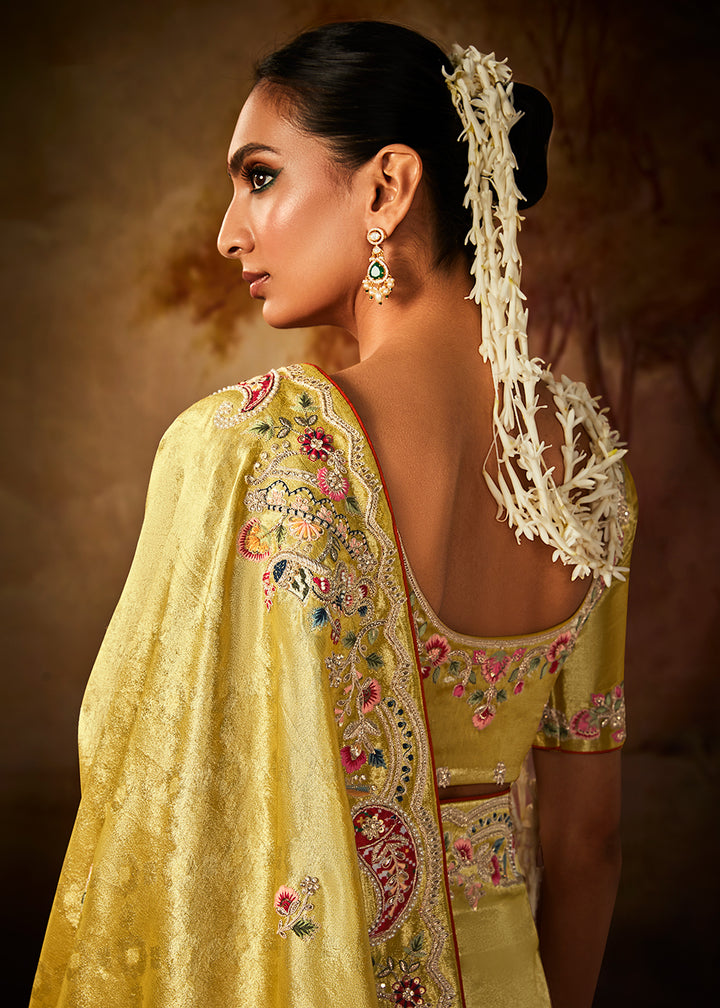 Buy Now Pastel Yellow Wedding Wear Embroidered Kanjivaram Silk Saree Online in USA, UK, Canada & Worldwide at Empress Clothing.