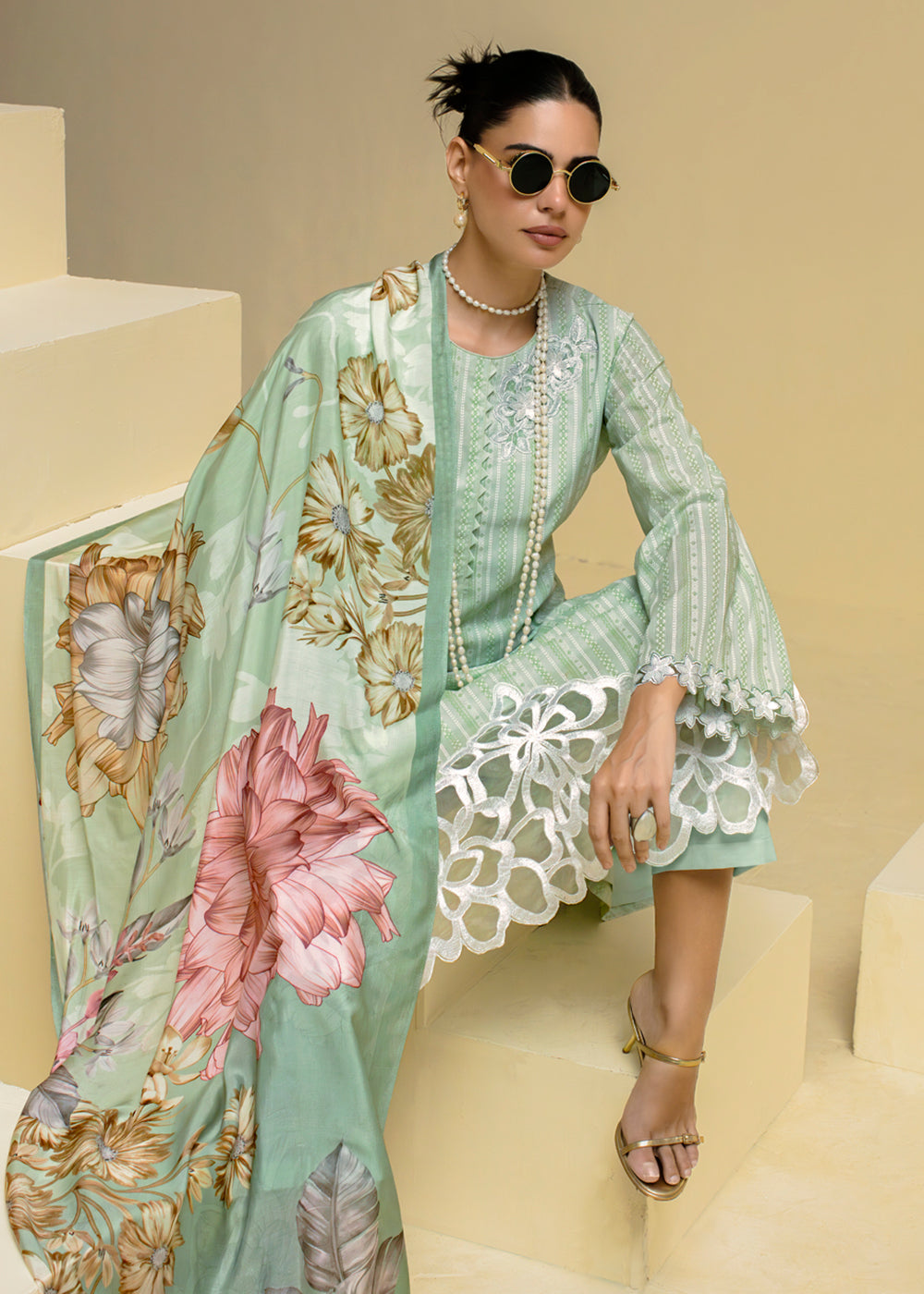 Buy Now Green Cotton Lawn Khadi Printed Festive Salwar Suit Online in USA, UK, Canada, Germany, Italy, France, Austria, UAE & Worldwide at Empress Clothing.