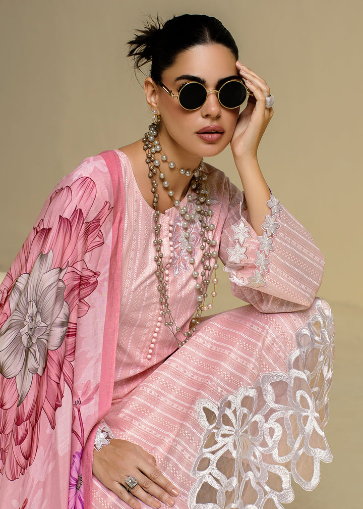 Buy Now Pink Cotton Lawn Khadi Printed Festive Salwar Suit Online in USA, UK, Canada, Germany, Italy, France, Austria, UAE & Worldwide at Empress Clothing.