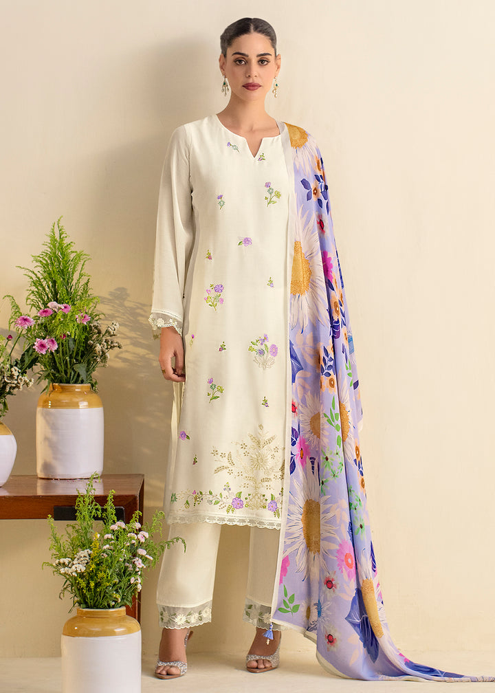 Buy Now Off White Lawn Material Embroidered Festive Salwar Suit Online in USA, UK, Canada, Germany, Italy, France, Austria, UAE & Worldwide at Empress Clothing.