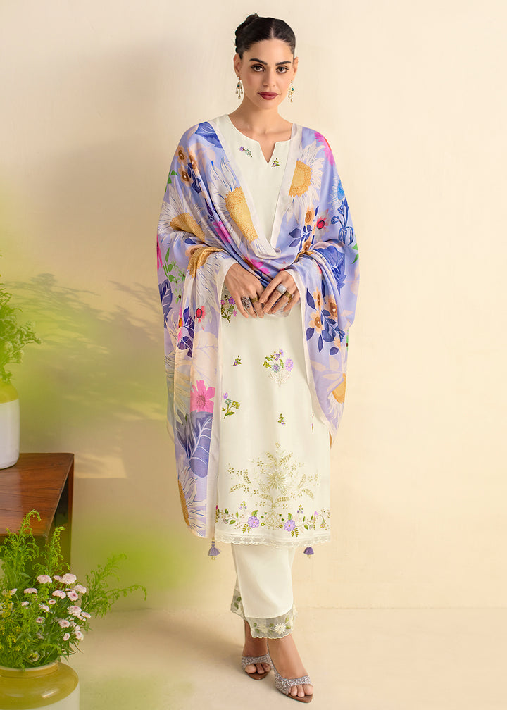 Buy Now Off White Lawn Material Embroidered Festive Salwar Suit Online in USA, UK, Canada, Germany, Italy, France, Austria, UAE & Worldwide at Empress Clothing.