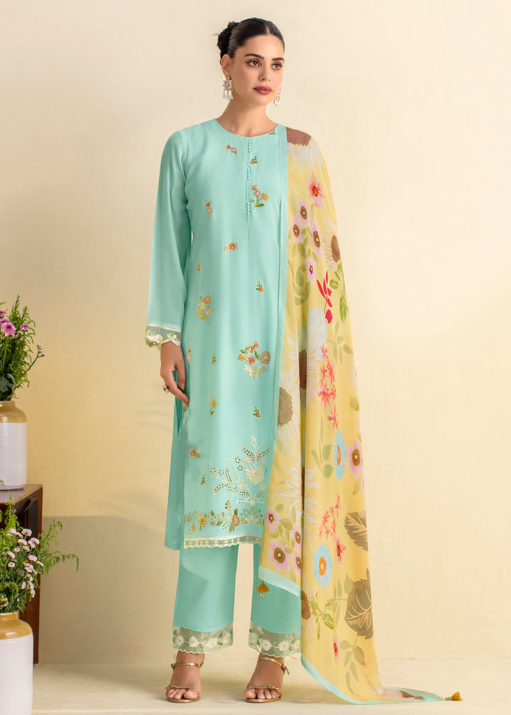 Buy Now Aqua Blue Lawn Material Embroidered Festive Salwar Suit Online in USA, UK, Canada, Germany, Italy, France, Austria, UAE & Worldwide at Empress Clothing.