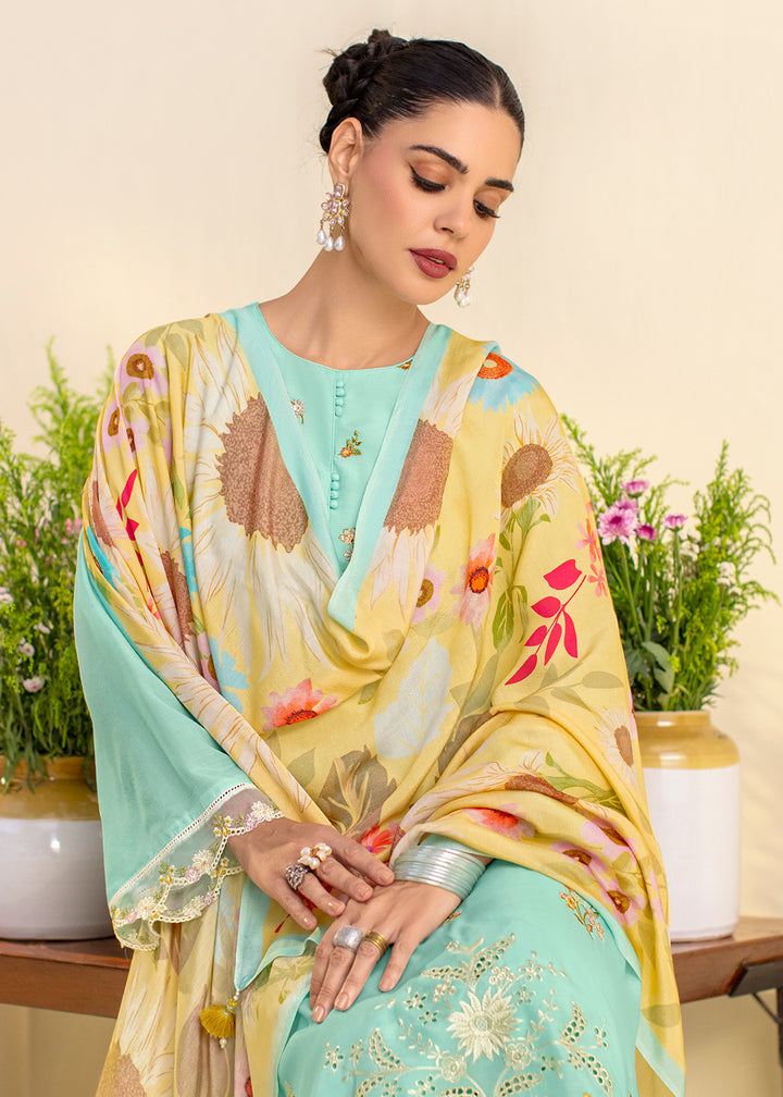 Buy Now Aqua Blue Lawn Material Embroidered Festive Salwar Suit Online in USA, UK, Canada, Germany, Italy, France, Austria, UAE & Worldwide at Empress Clothing.