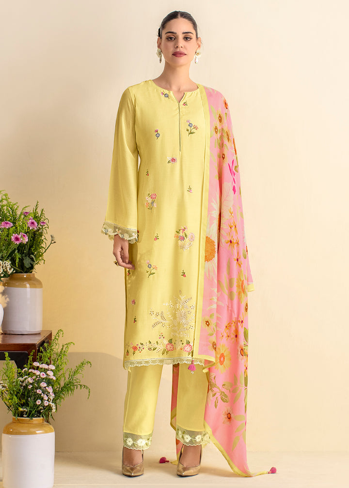 Buy Now Yellow Lawn Material Embroidered Festive Salwar Suit Online in USA, UK, Canada, Germany, Italy, France, Austria, UAE & Worldwide at Empress Clothing.