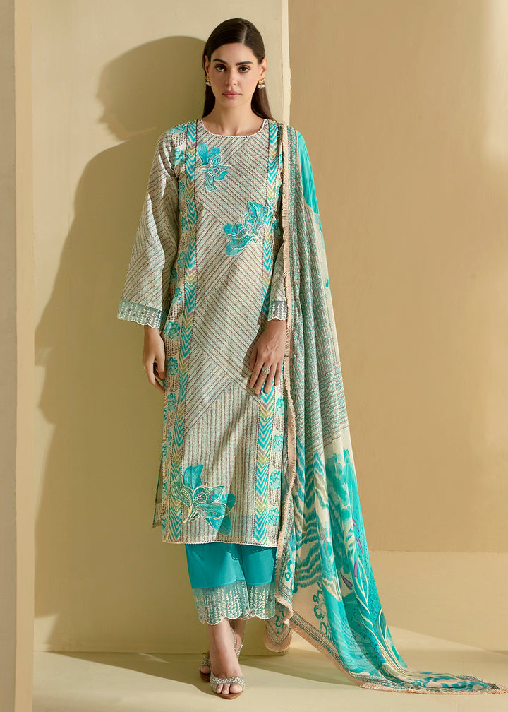 Buy Now Blue Cotton Lawn Digital Printed Festive Salwar Suit Online in USA, UK, Canada, Germany, Italy, France, Austria, UAE & Worldwide at Empress Clothing.