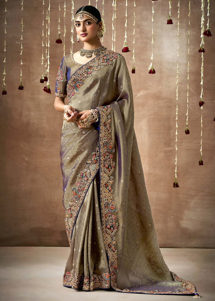 Buy Now Olive Brown Embroidered Silk Wedding Wear Saree Online in USA, UK, France, Germany, Canada & Worldwide at Empress Clothing. 