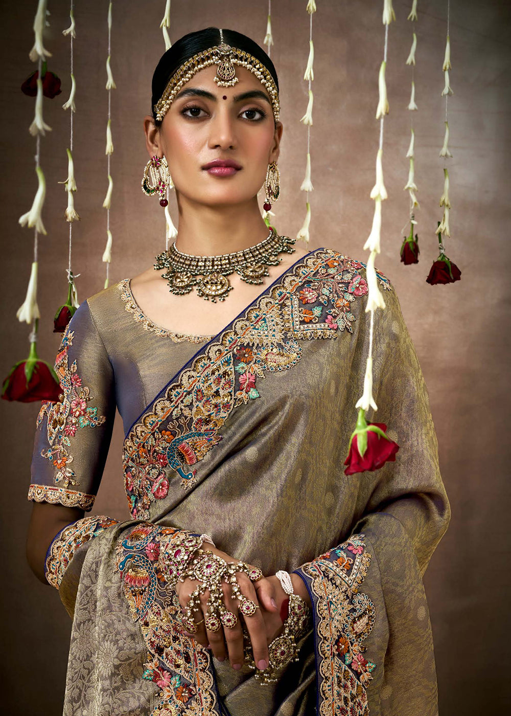 Buy Now Olive Brown Embroidered Silk Wedding Wear Saree Online in USA, UK, France, Germany, Canada & Worldwide at Empress Clothing. 