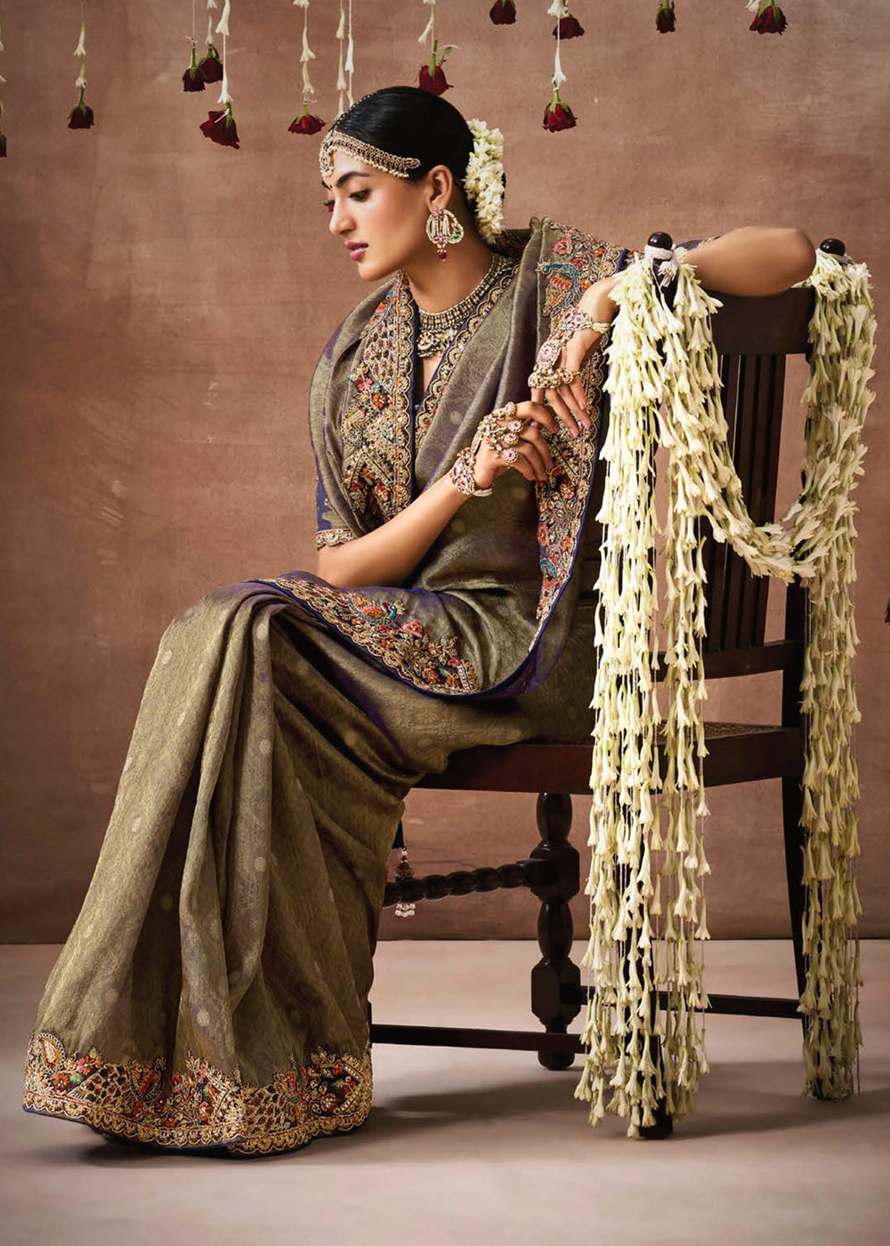 Buy Now Olive Brown Embroidered Silk Wedding Wear Saree Online in USA, UK, France, Germany, Canada & Worldwide at Empress Clothing. 