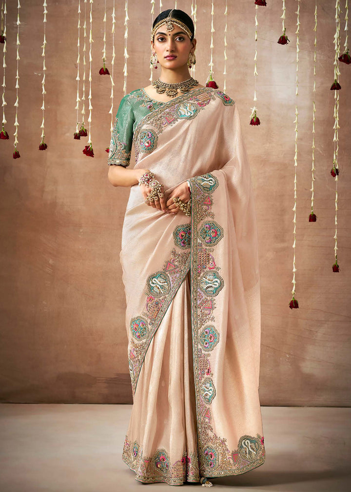 Buy Now Creamy Peach Embroidered Silk Wedding Wear Saree Online in USA, UK, France, Germany, Canada & Worldwide at Empress Clothing. 