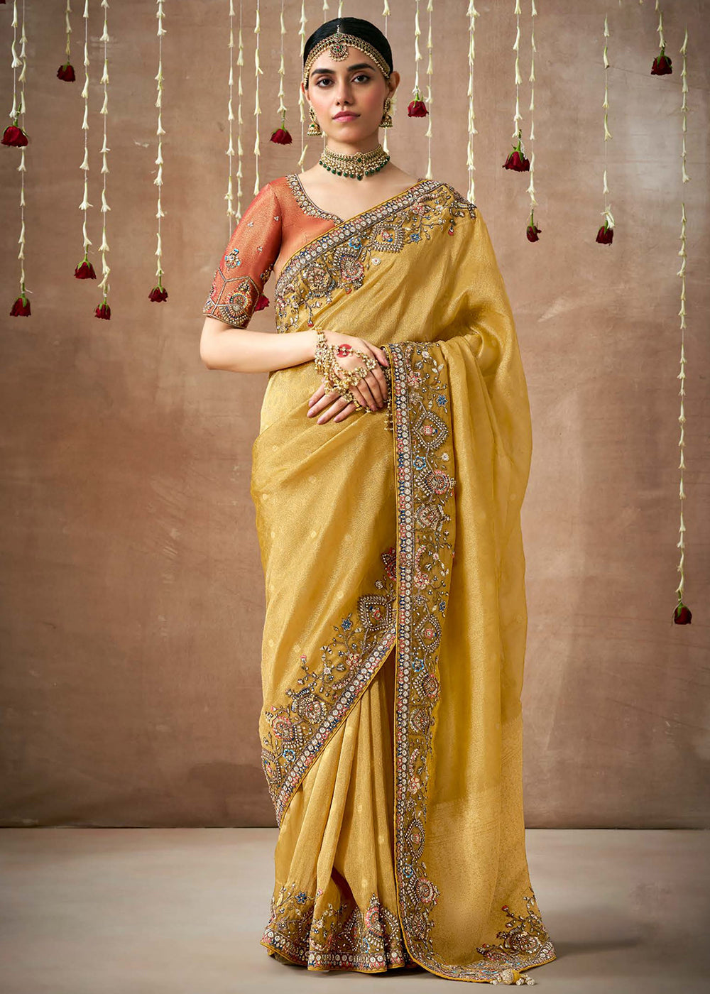 Buy Now Mustard Embroidered Silk Wedding Wear Saree Online in USA, UK, France, Germany, Canada & Worldwide at Empress Clothing.