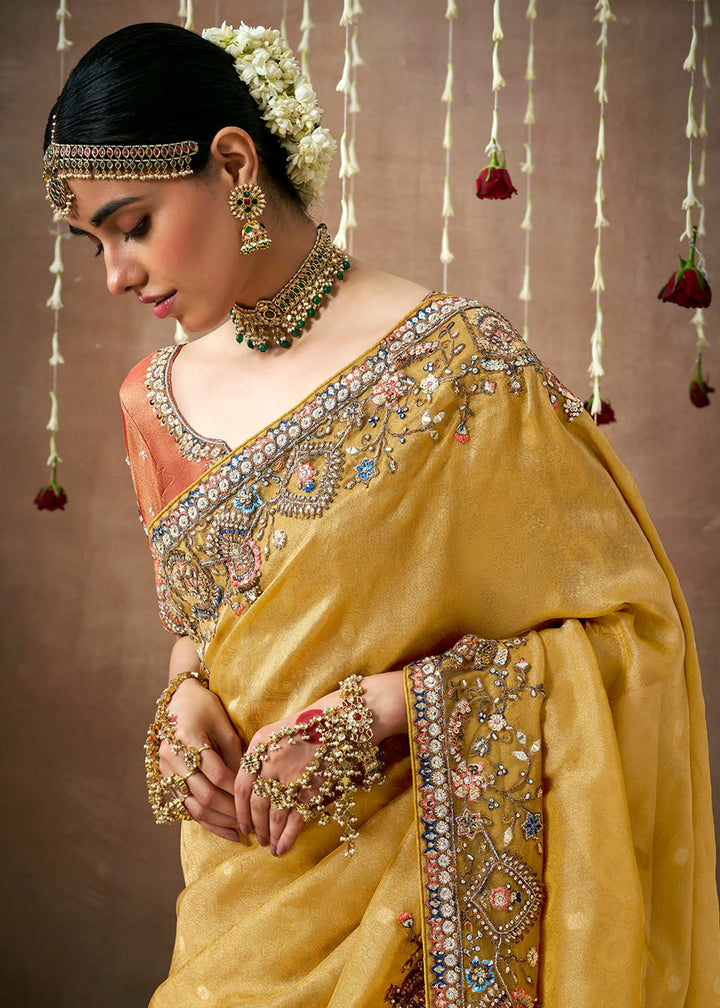 Buy Now Mustard Embroidered Silk Wedding Wear Saree Online in USA, UK, France, Germany, Canada & Worldwide at Empress Clothing.