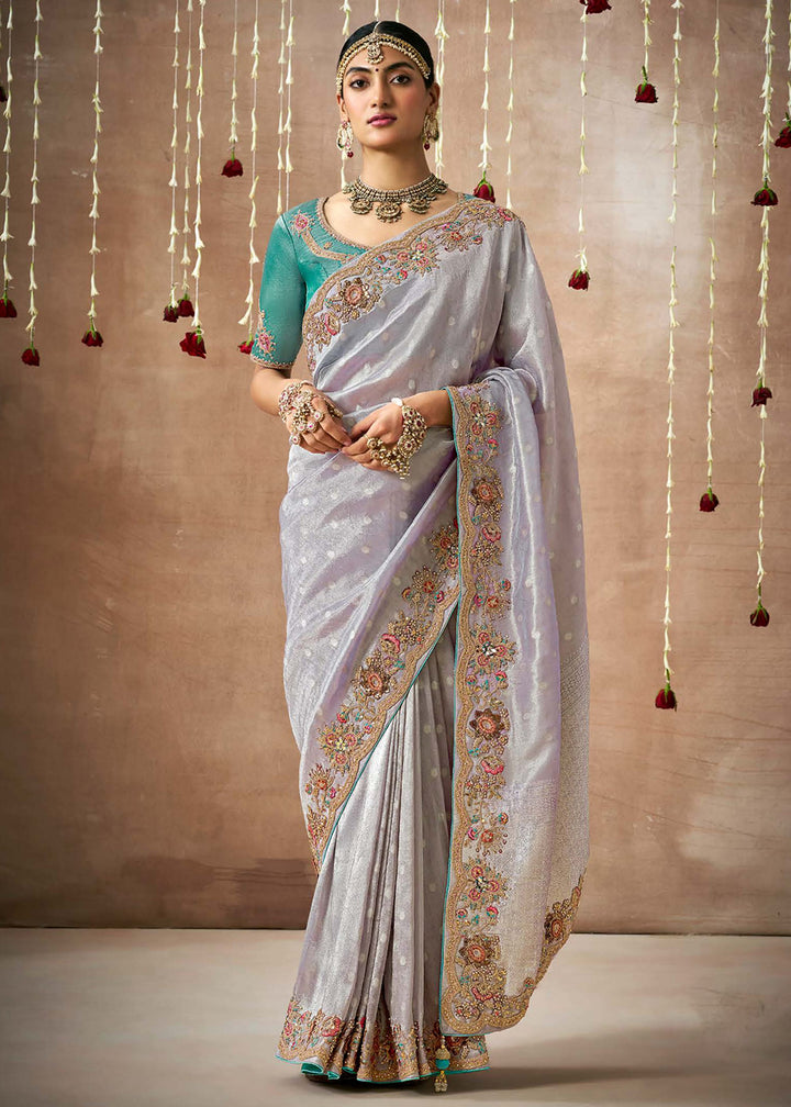 Buy Now Lilac Grey Embroidered Silk Wedding Wear Saree Online in USA, UK, France, Germany, Canada & Worldwide at Empress Clothing. 