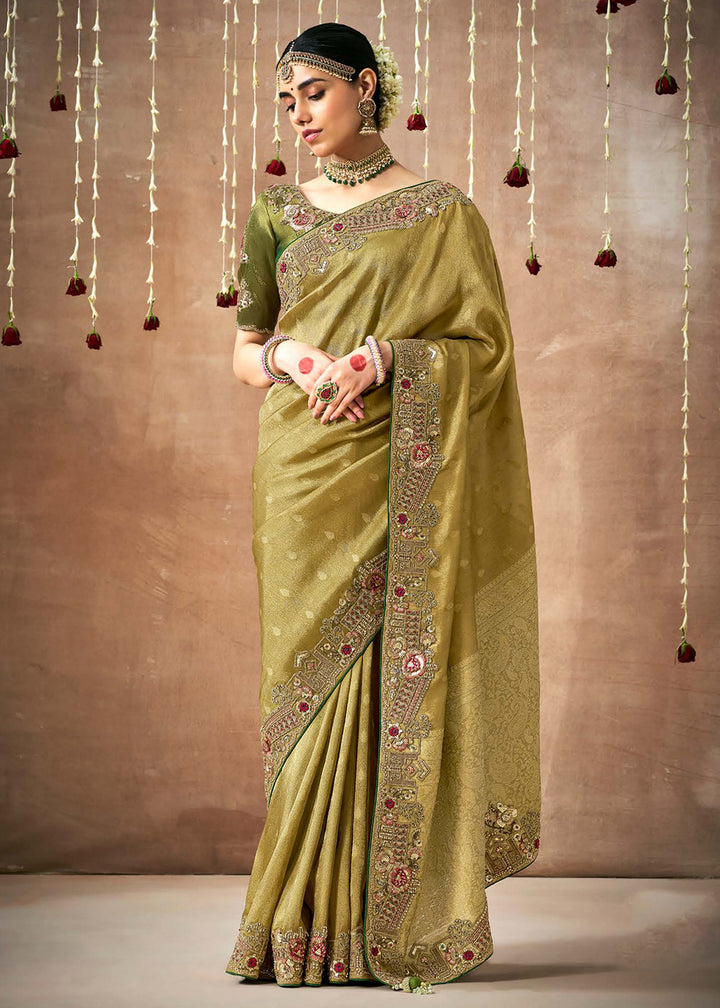 Buy Now Olive Green Embroidered Silk Wedding Wear Saree Online in USA, UK, France, Germany, Canada & Worldwide at Empress Clothing.