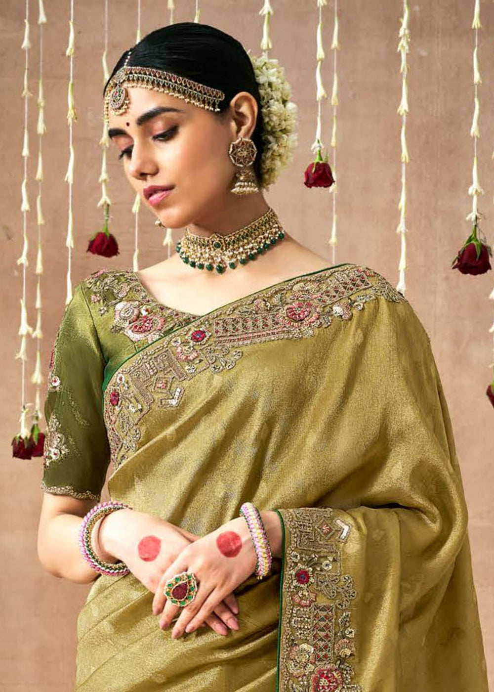 Buy Now Olive Green Embroidered Silk Wedding Wear Saree Online in USA, UK, France, Germany, Canada & Worldwide at Empress Clothing.